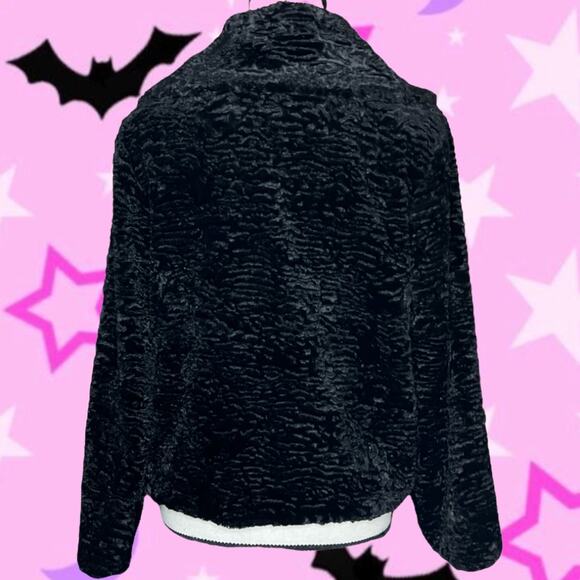 90’s Vintage Cejon Black Faux Fur Lambswool Glam Goth Waist Length Coat Jacket M - Picture 2 of 8